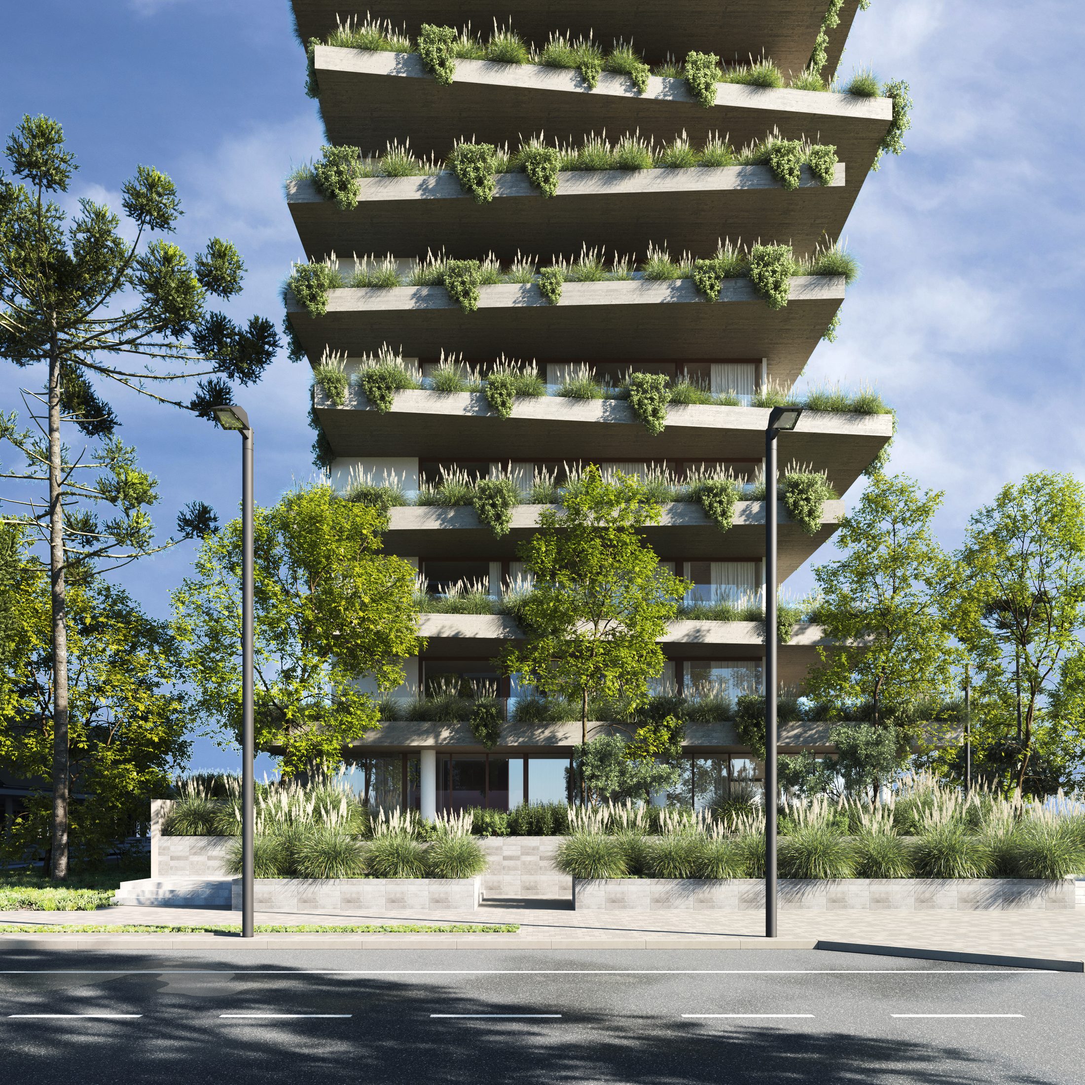 Fachada — torre em concreto e vegetação